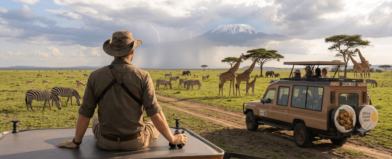 A safari vehicle crossing the Serengeti plains in Tanzania